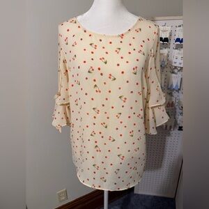Women's Cream Cherry Print Polka Dot Blouse